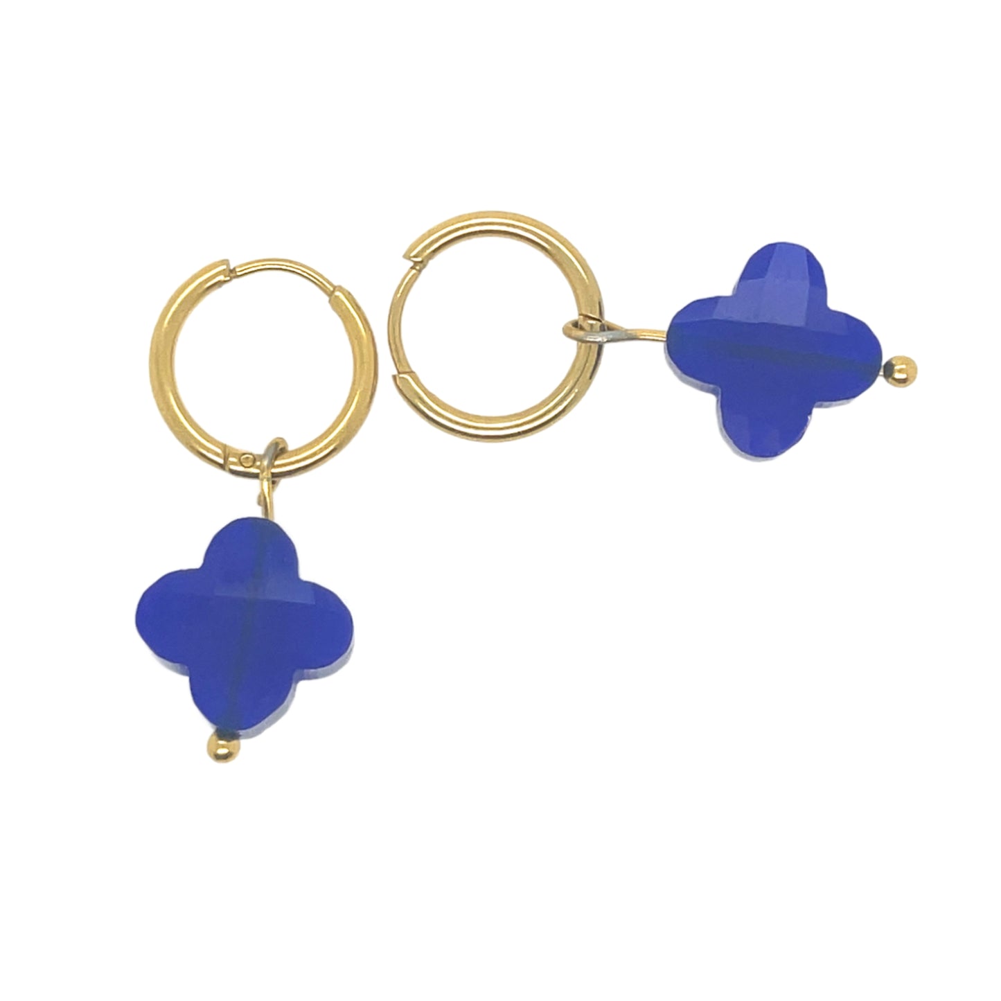 gold hoop earrings with cobalt blue glass clover charms