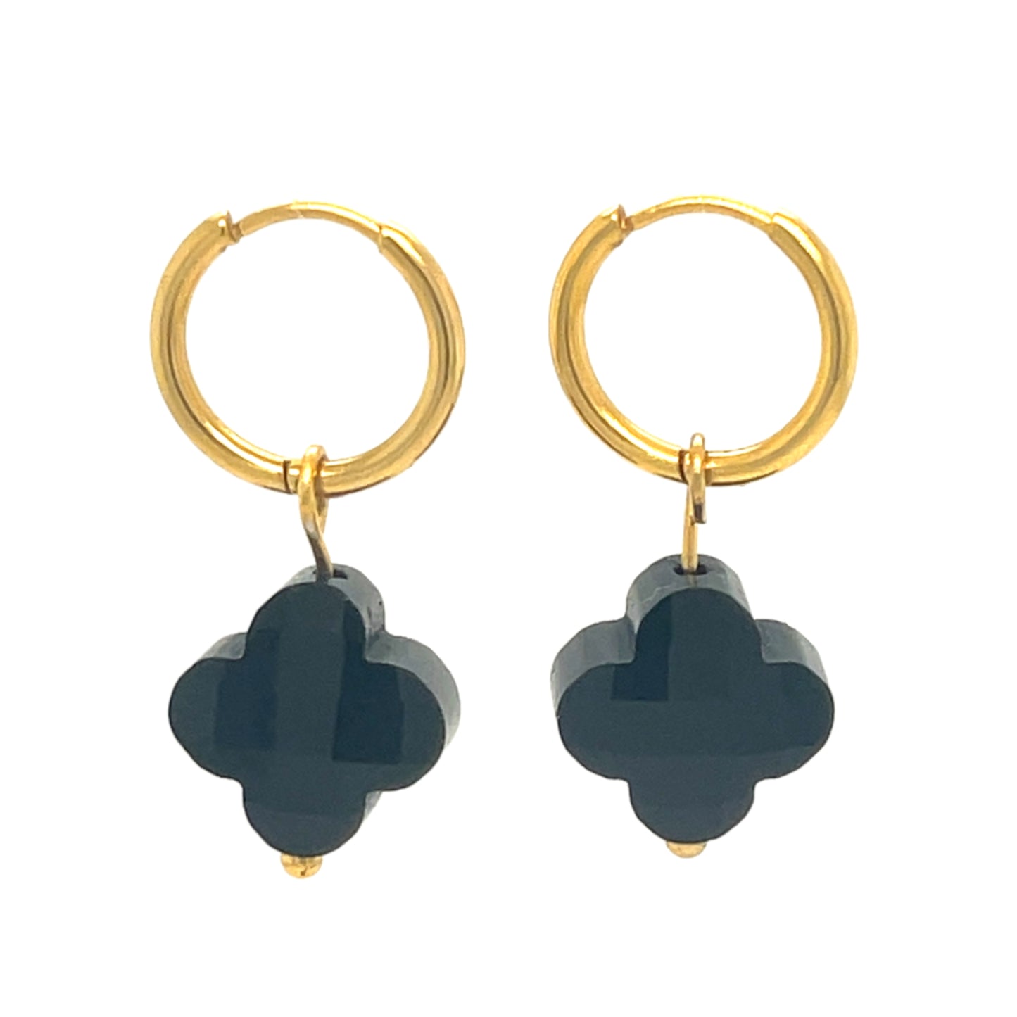 gold hoop earrings with black glass clover charms