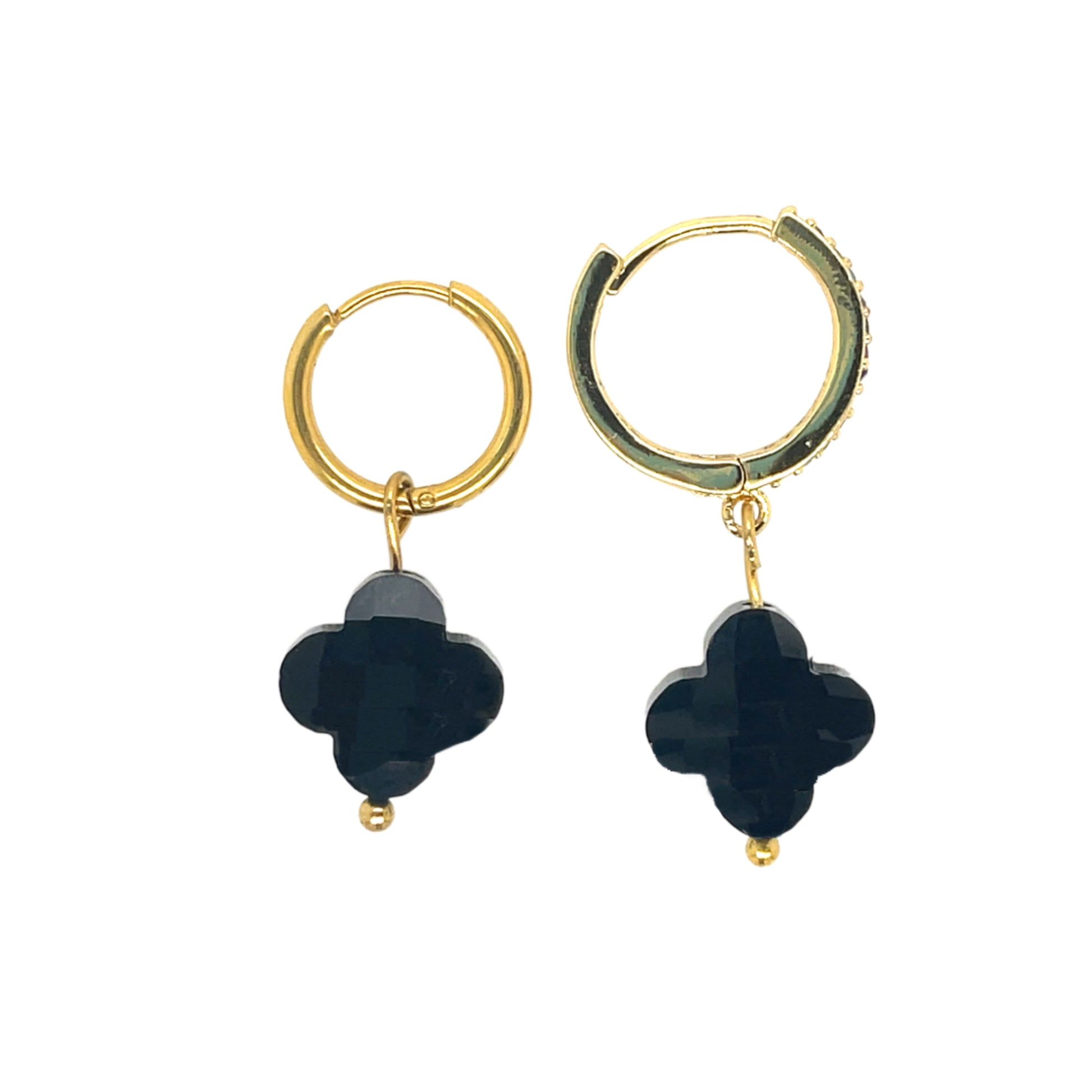 gold hoop earrings with black glass clover charms