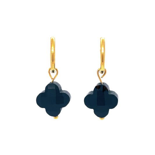 gold hoop earrings with black glass clover charms
