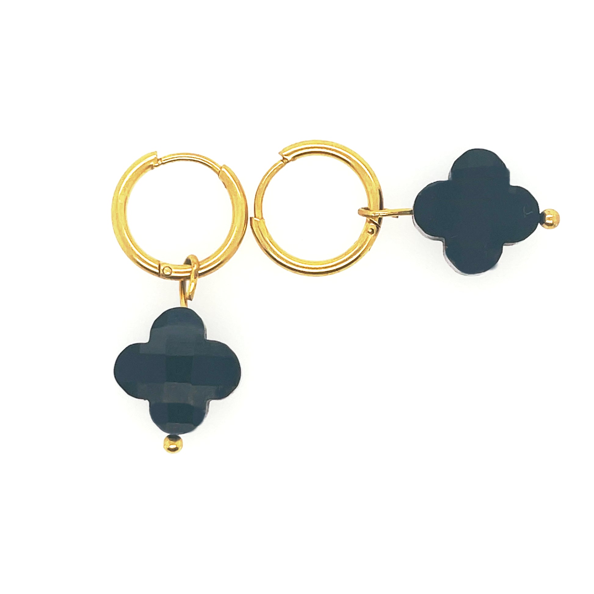 gold hoop earrings with black glass clover charms