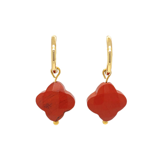 gold hoop earrings with clover shaped red jasper gemstone charms