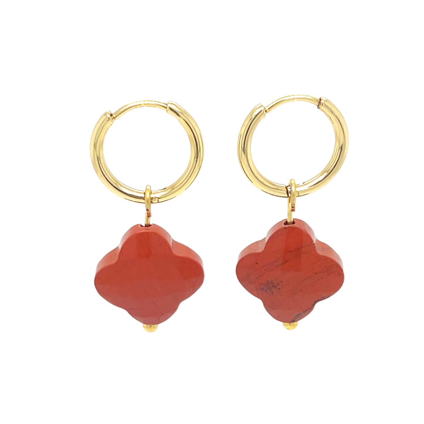 gold hoop earrings with clover shaped red jasper gemstone charms