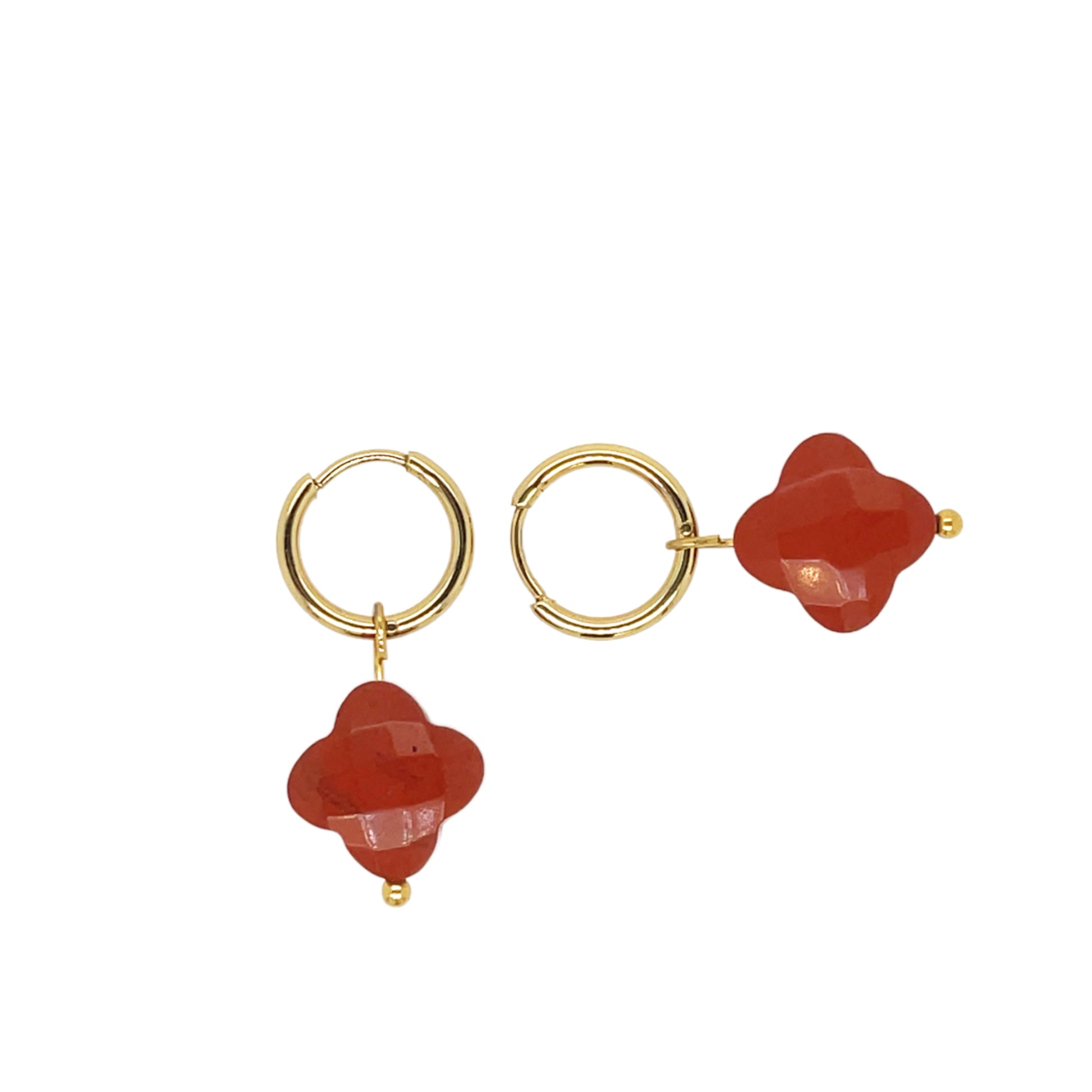 gold hoop earrings with clover shaped red jasper gemstone charms