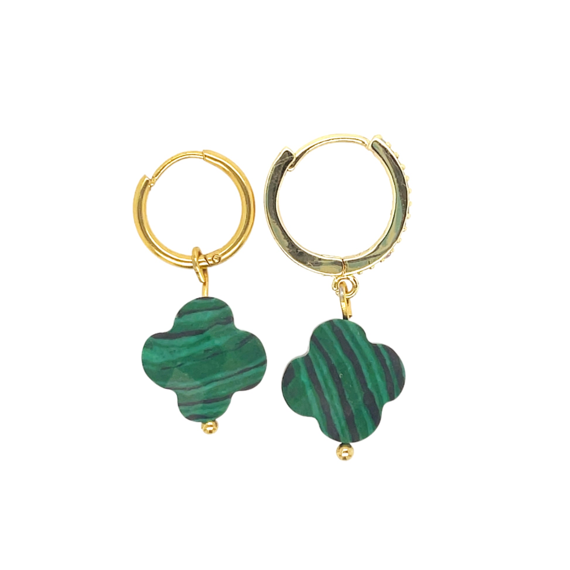 Gold hoop earrings with clover-shaped glass charms in malachite green