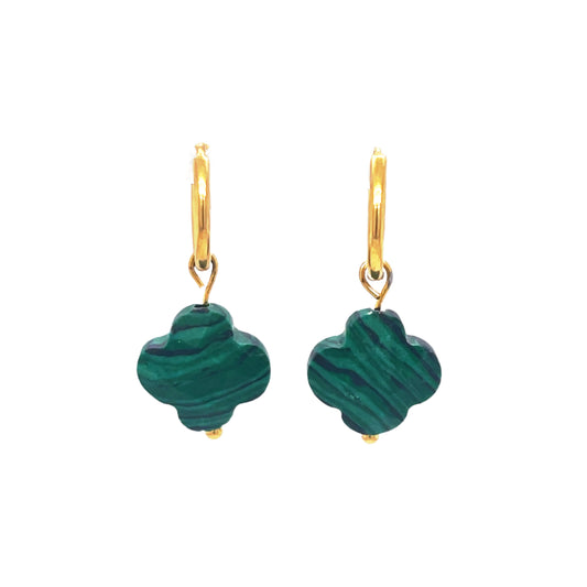 Gold Hoop earrings with malachite green clover charms