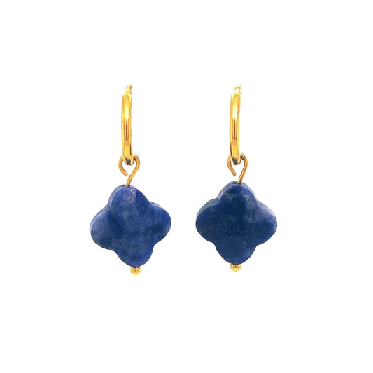 gold hoop earrings with natural blue clover charms