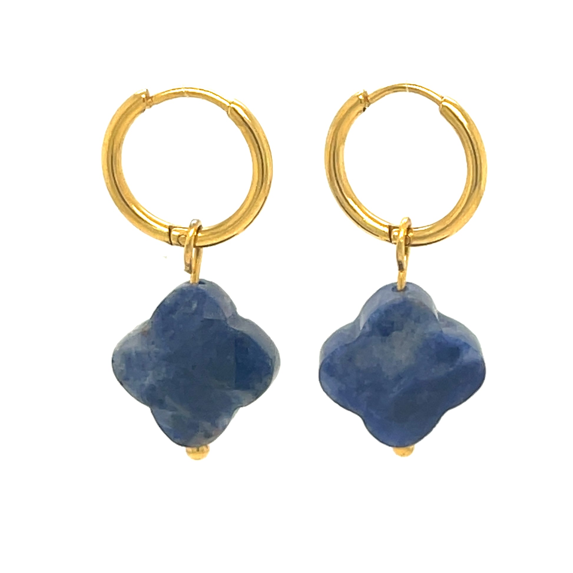 gold hoop earrings with natural blue clover charms