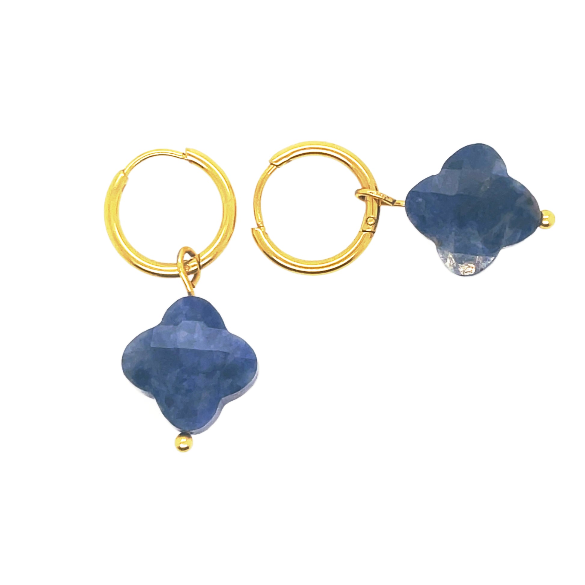 gold hoop earrings with natural blue clover charms