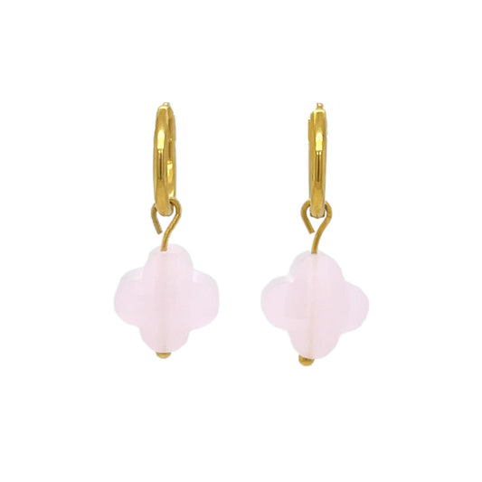 gold hoop earrings with clover shaped glass pastel pink charms