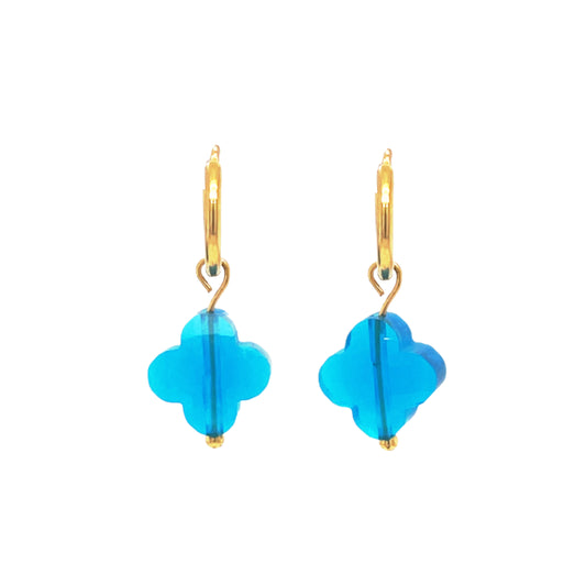 hoop earrings with clover shaped glass charms in turquoise blue