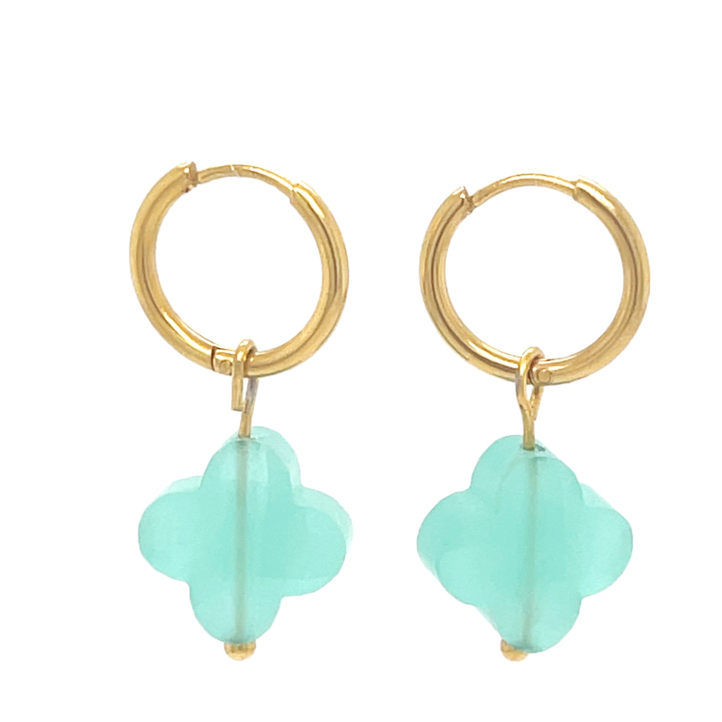 gold hoop earrings with clover shaped glass pastel green charms