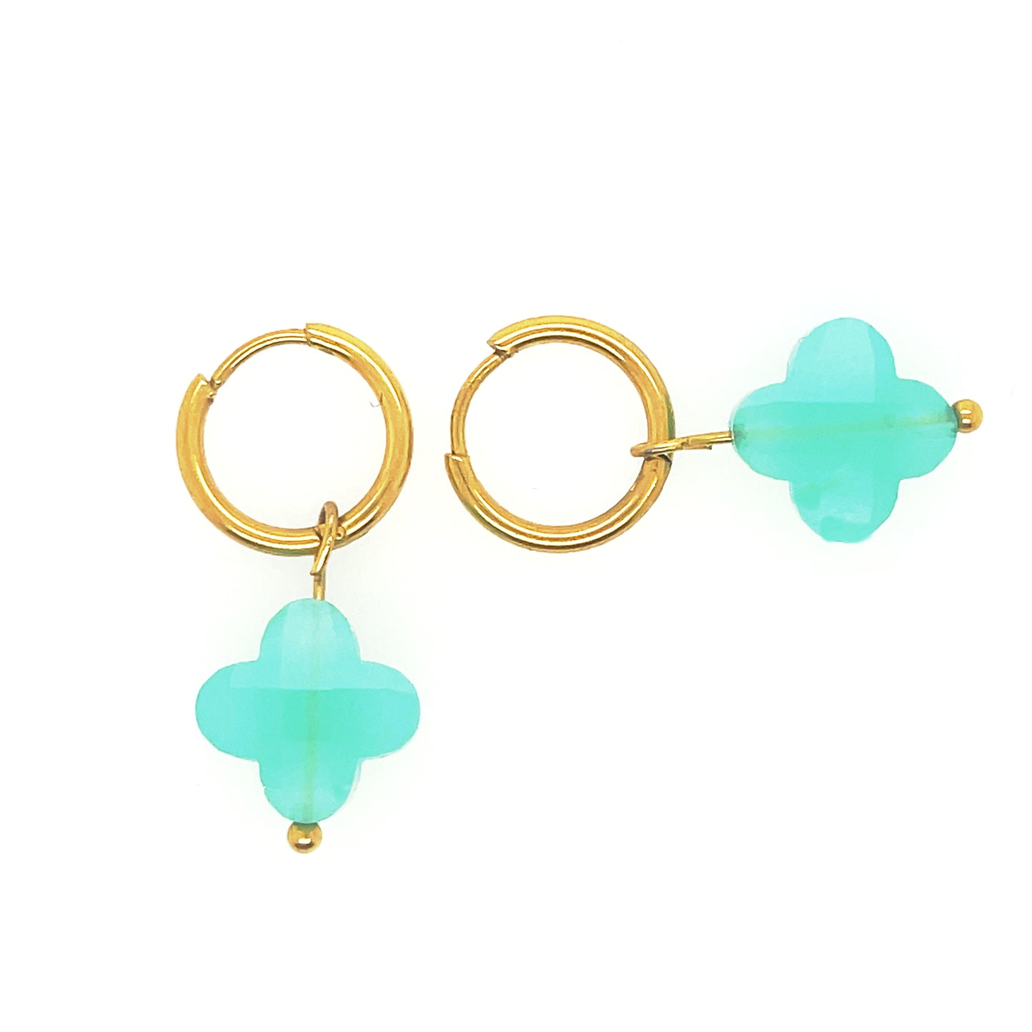 gold hoop earrings with clover shaped glass pastel green charms