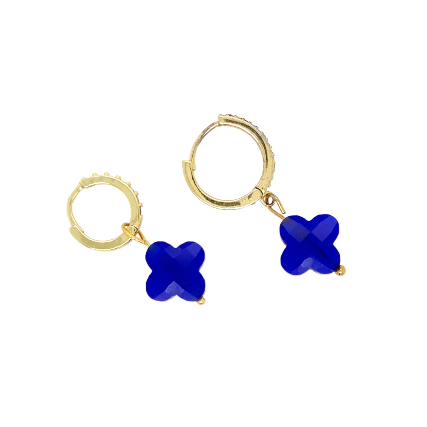 Gold hoop earrings with rainbow zirconia stones and clover shaped charms in cobalt blue