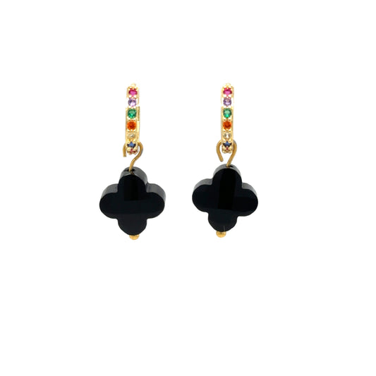 Huggie gold hoop earrings with rainbow zirconia stones and clover shaped charms in jet black