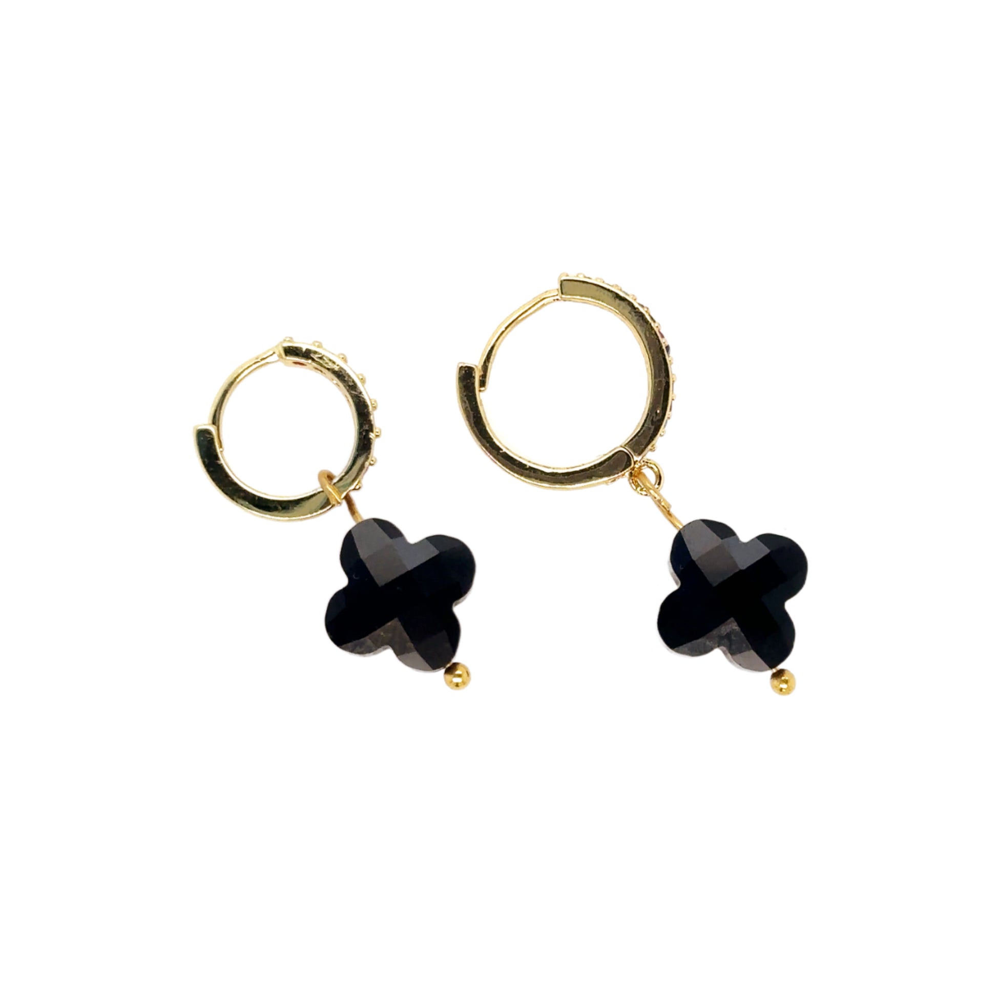 Gold hoop earrings with rainbow zirconia stones and clover shaped charms in jet black