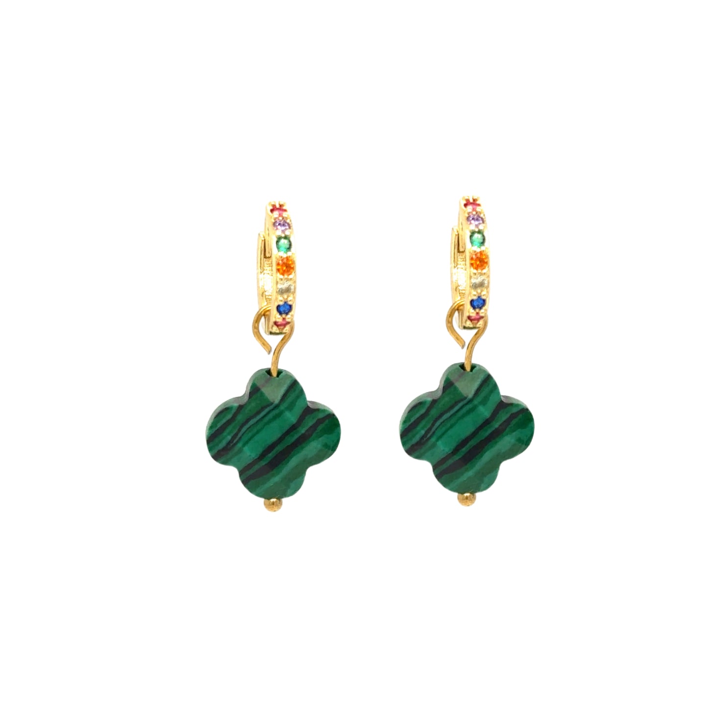 Huggie gold hoop earrings with rainbow zirconia stones and clover shaped charm in malachite green