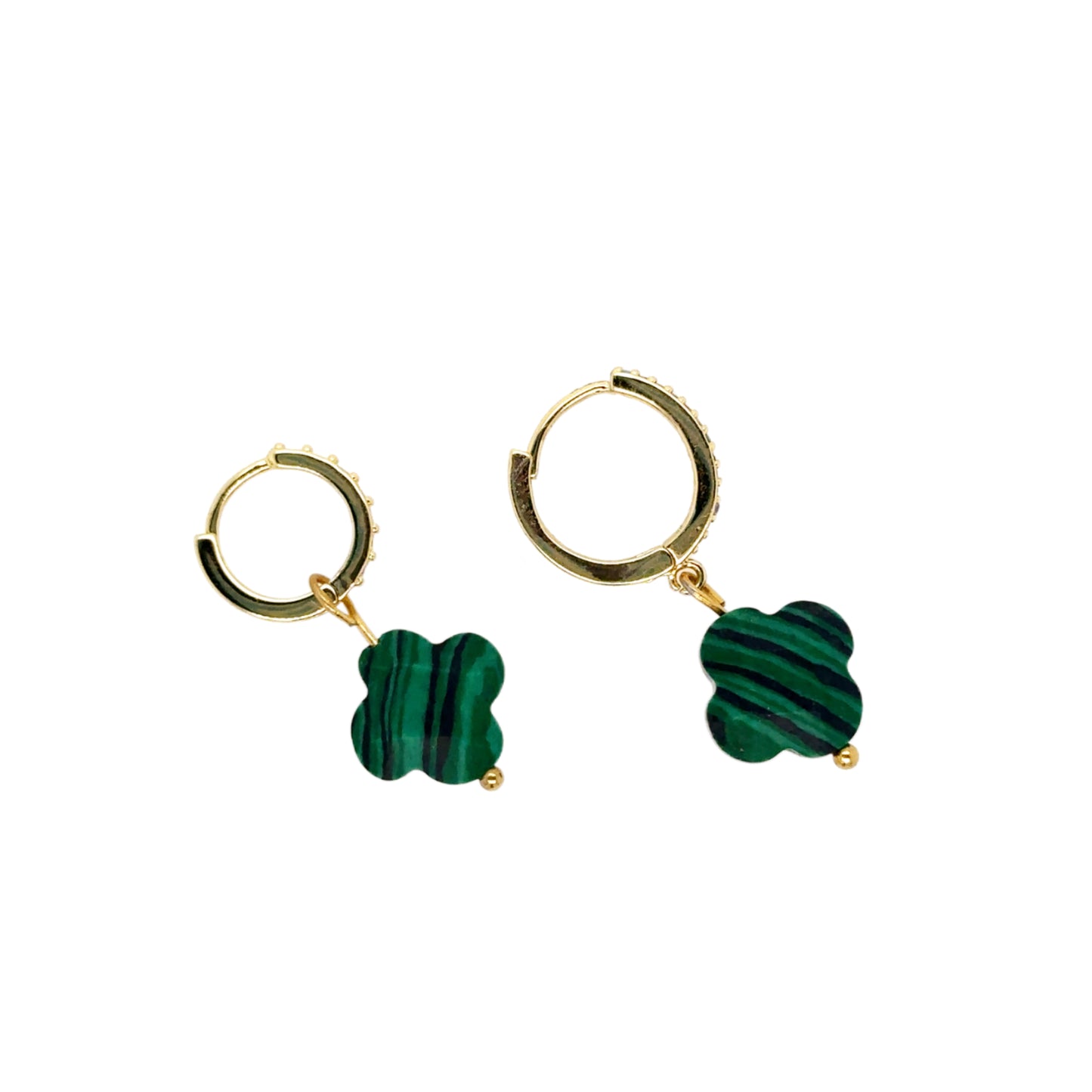 gold hoop earrings with rainbow zirconia stones and clover shaped charm in malachite green