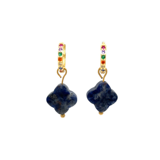 Huggie gold hoop earrings with rainbow zirconia stones and clover shaped charm in natural blue stone