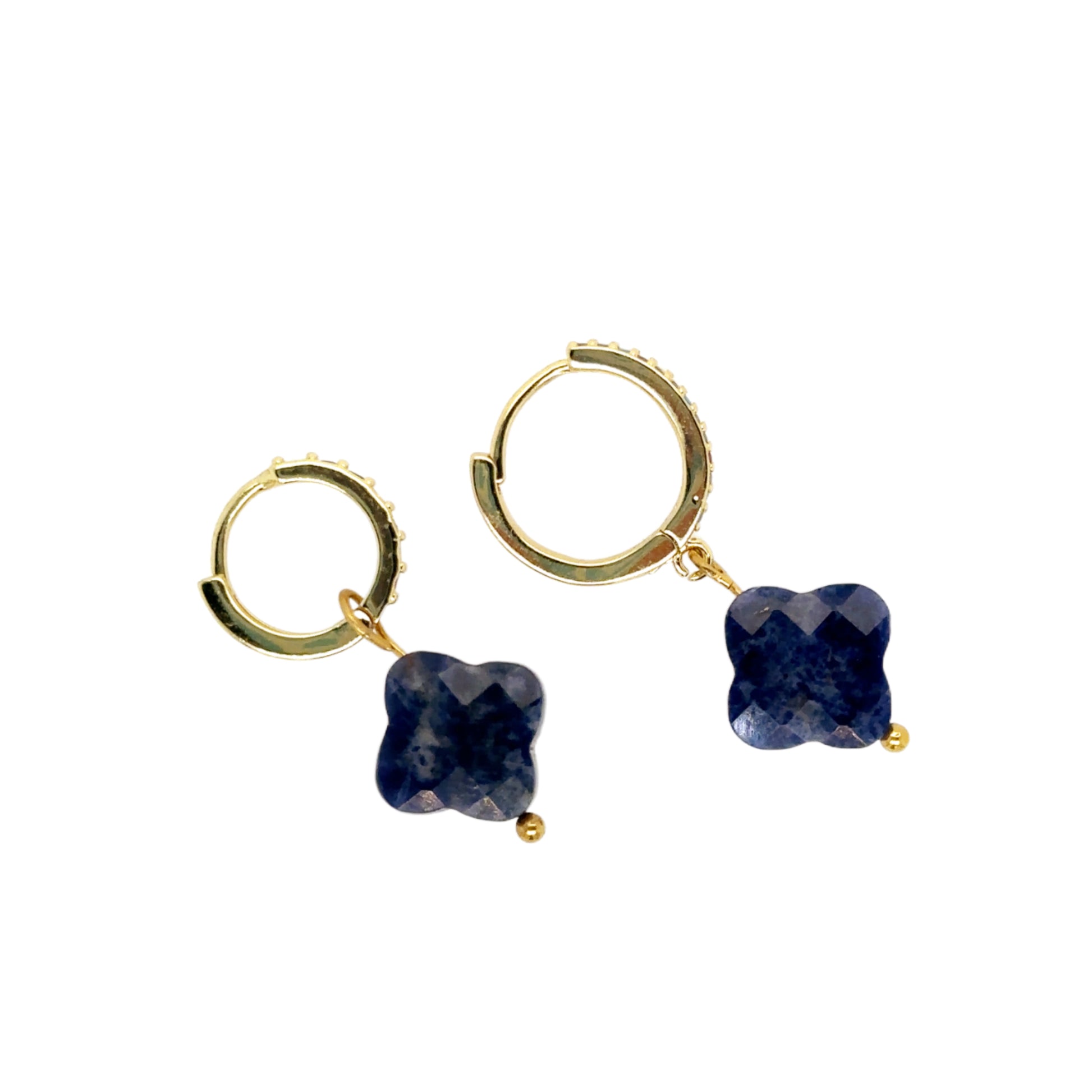 gold hoop earrings with rainbow zirconia stones and clover shaped charm in natural blue stone