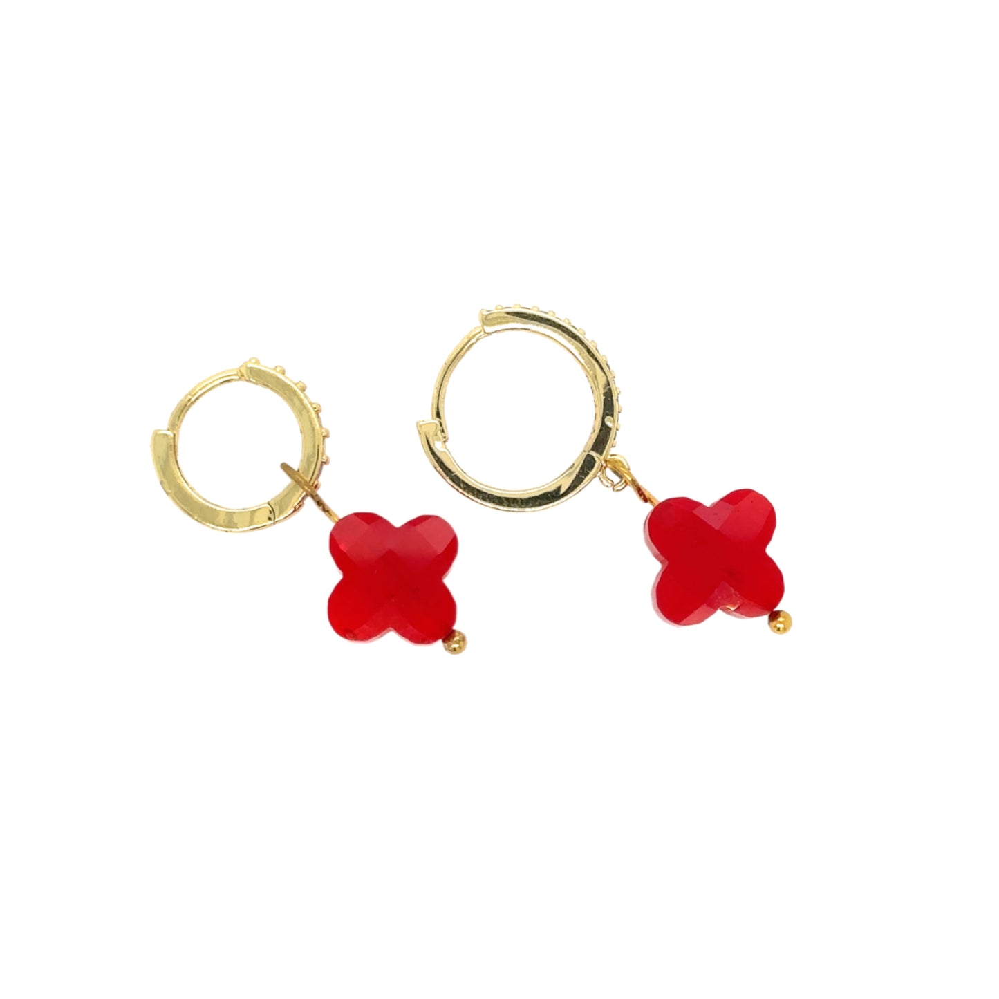 gold hoop earrings with rainbow zirconia stones and clover shaped charm in siam red