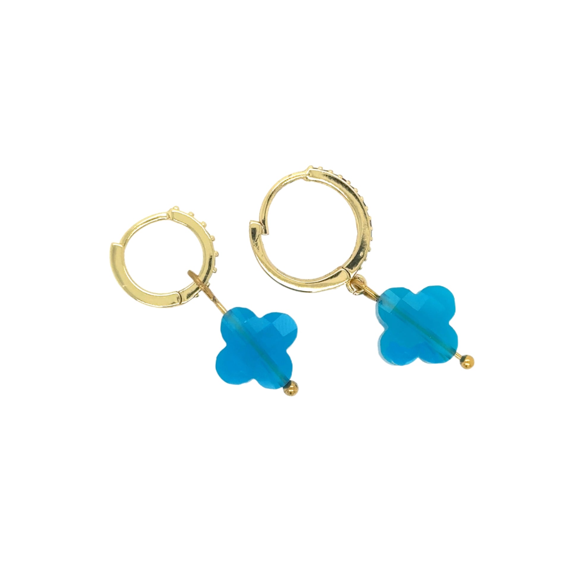 gold hoop earrings with rainbow zirconia stones and clover shaped charms in turquoise blue