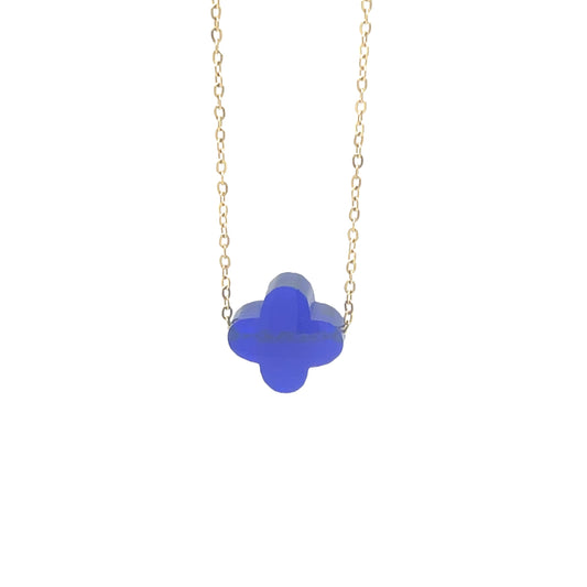 Delicate gold chain with one clover faceted glass charm in Cobalt Blue