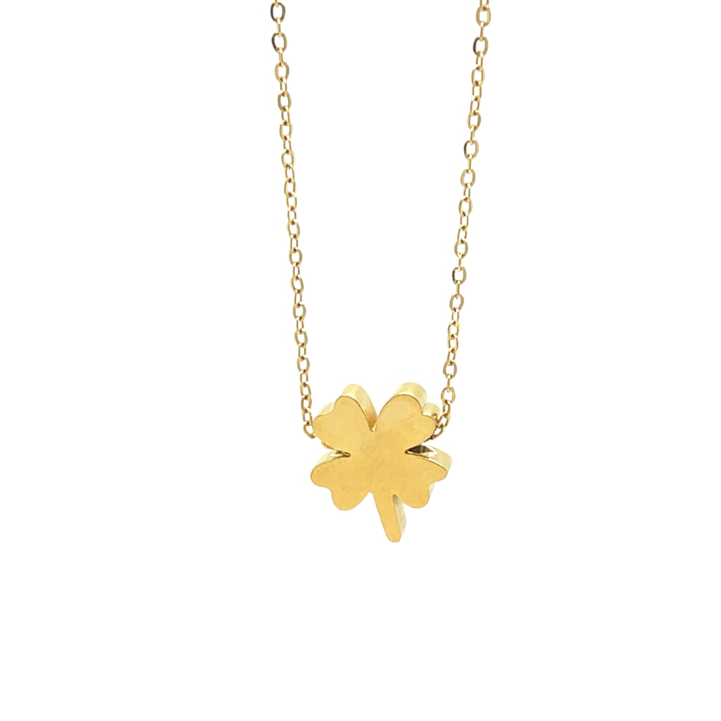 Delicate gold chain necklace with one clover flat charm in gold