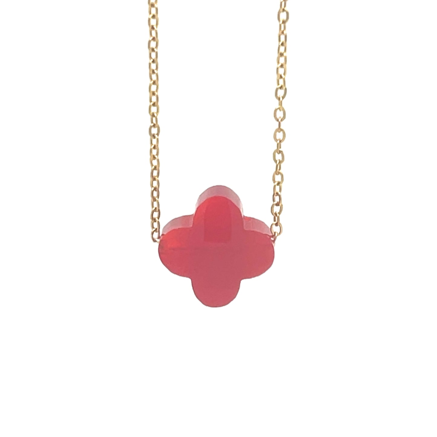 Delicate gold chain necklace with one clover glass charm in Siam Red