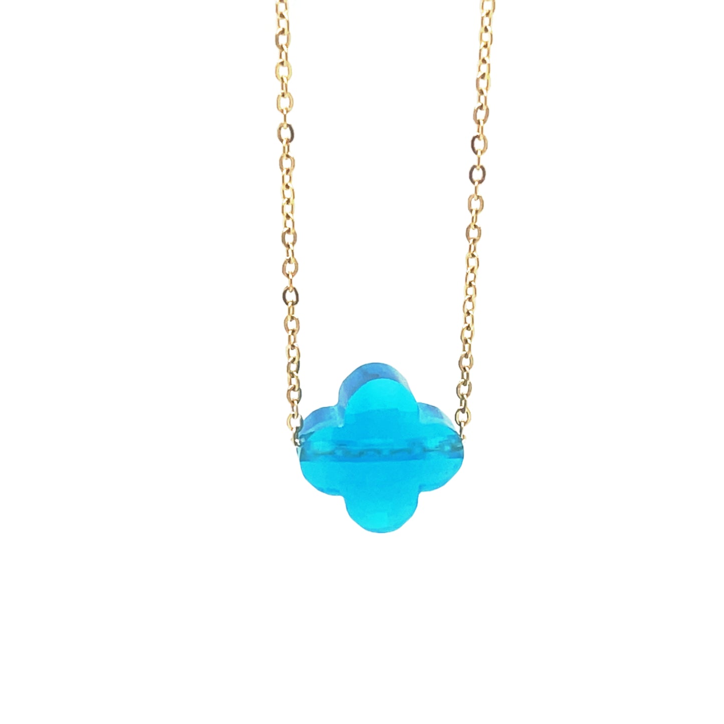 Delicate gold chain necklace with one clover glass charm in turquoise blue