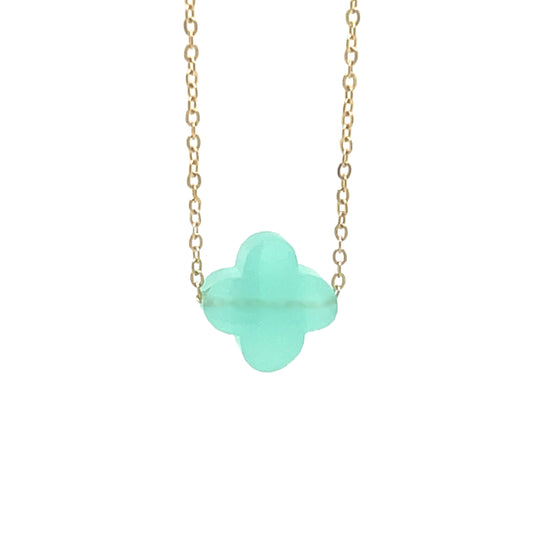 Delicate gold chain necklace with one clover glass charm in pastel green