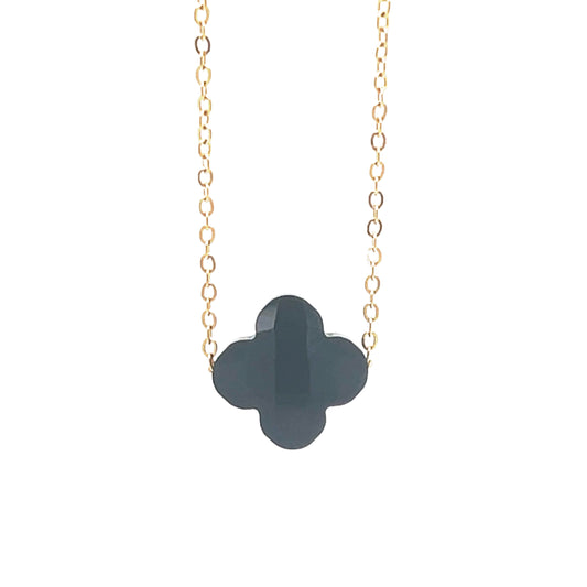 Delicate gold chain necklace with one clover glass faceted charm in Jet Black